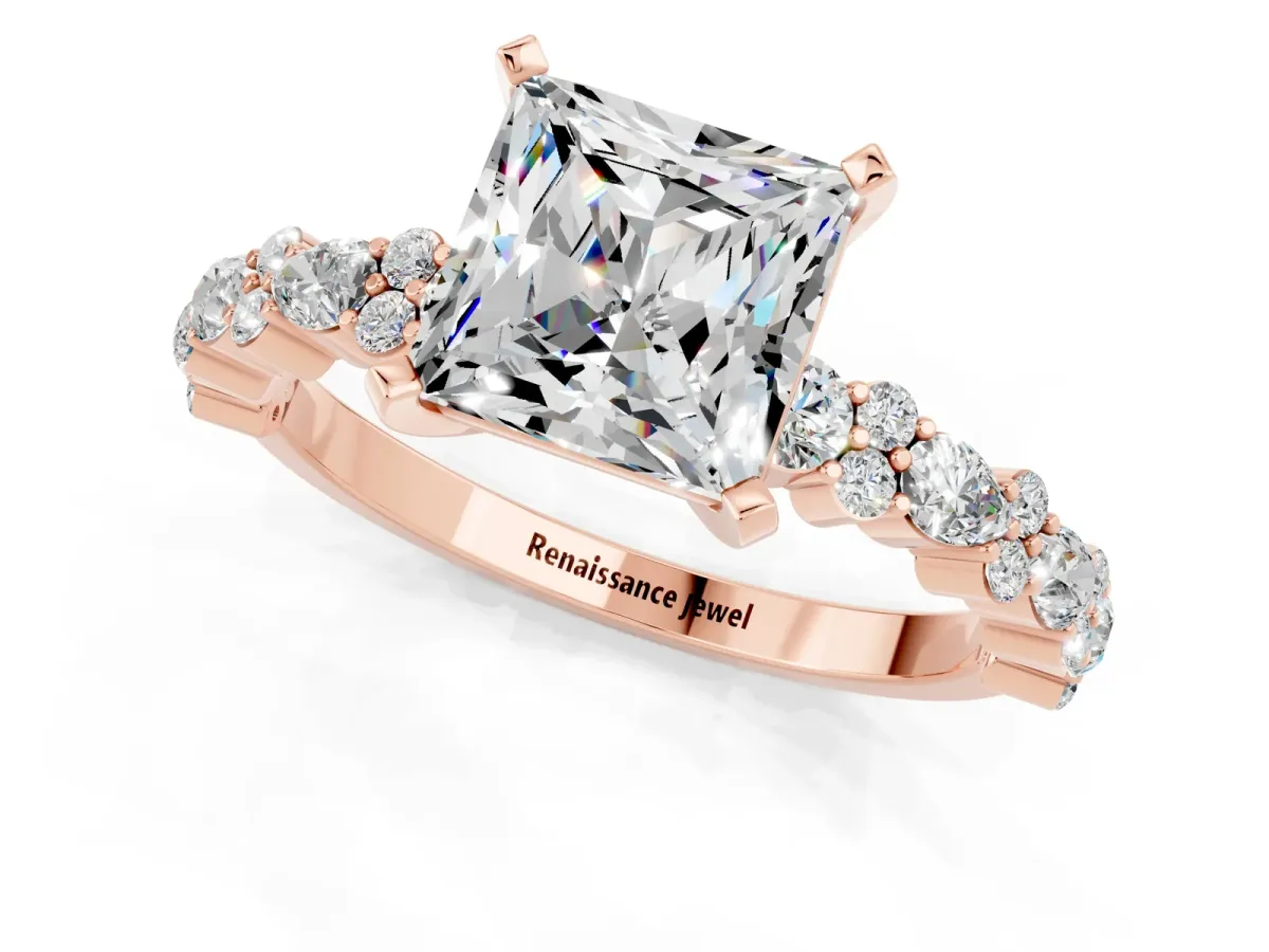 Princess Cut Moissanite Side Stone Solitaire Ring with Round and Four-Prong Setting Rose gold