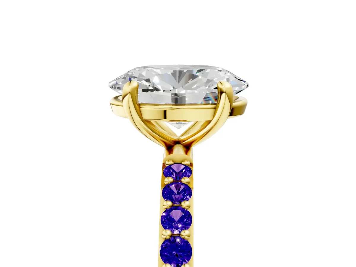 Oval Cut Diamond Solitaire Ring with Round Tanzanite Pavé Band and Prong Setting Yellow gold