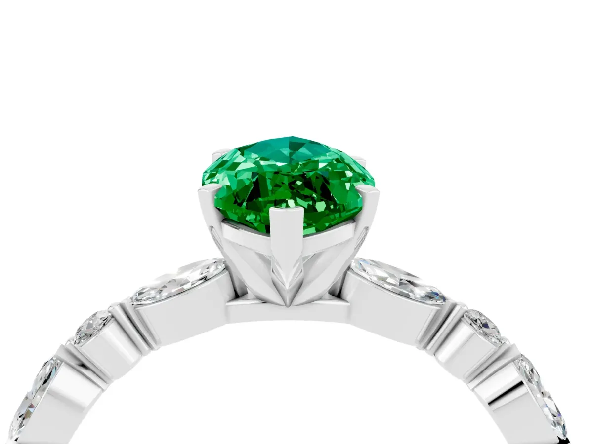 Marquise Cut Emerald Ring with Marquise and Round Side Stones and Four-Prong Setting Platinum