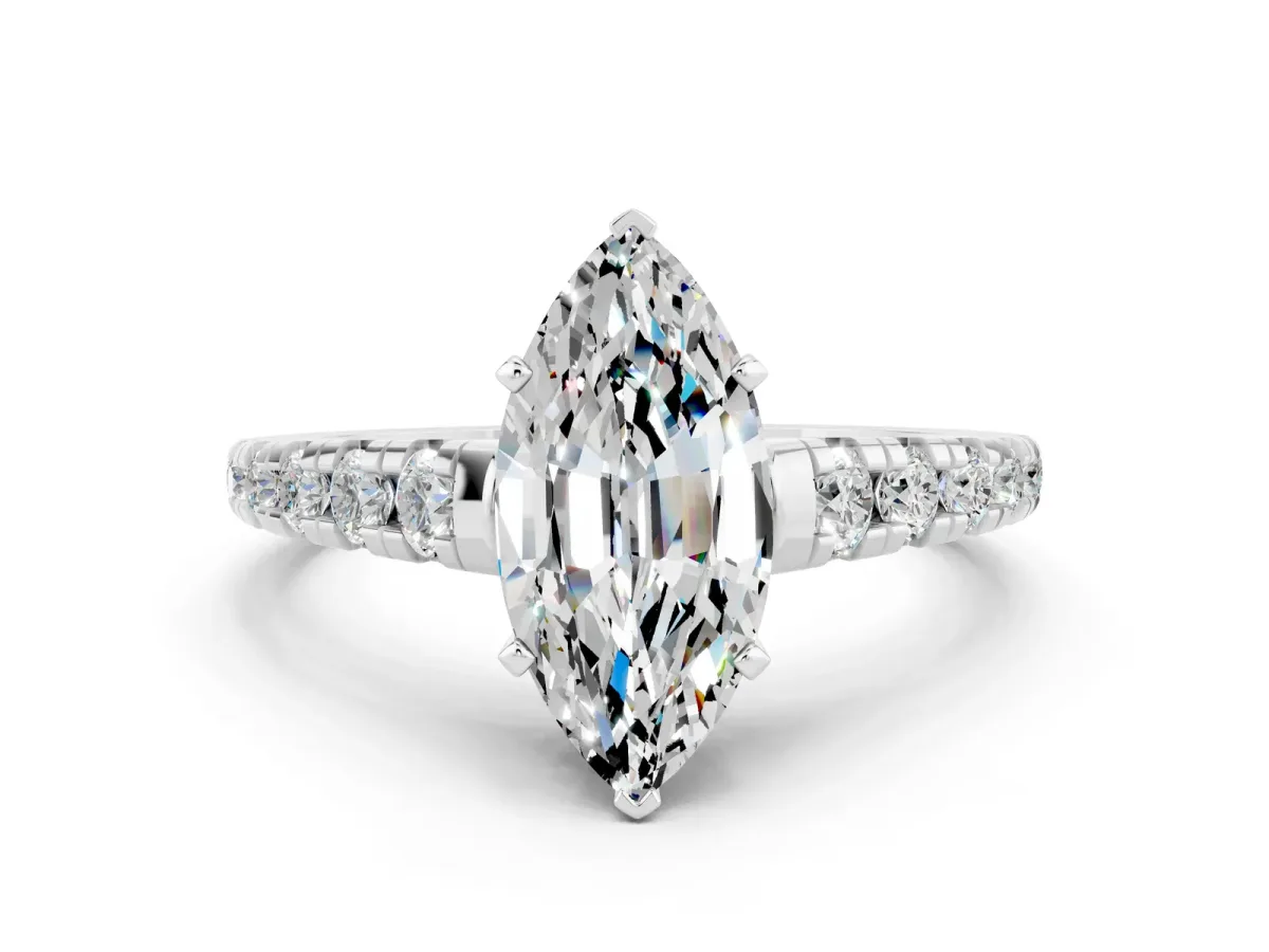 Marquise Cut Moissanite Cathedral Solitaire Ring with Round Pavé Band Platinum