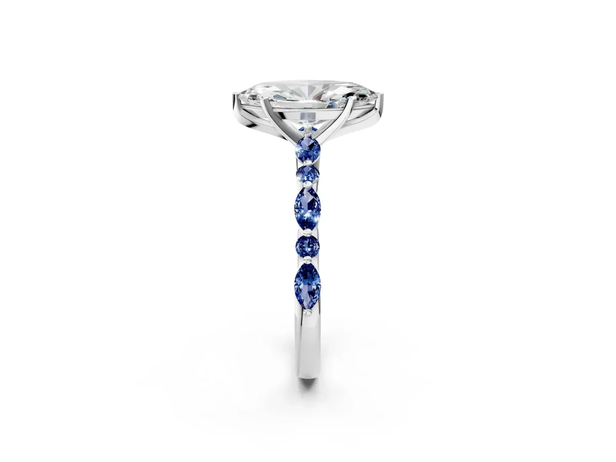 Marquise Cut Diamond Ring with Marquise and Round Blue Sapphire Side Stones and Four-Prong Setting Silver