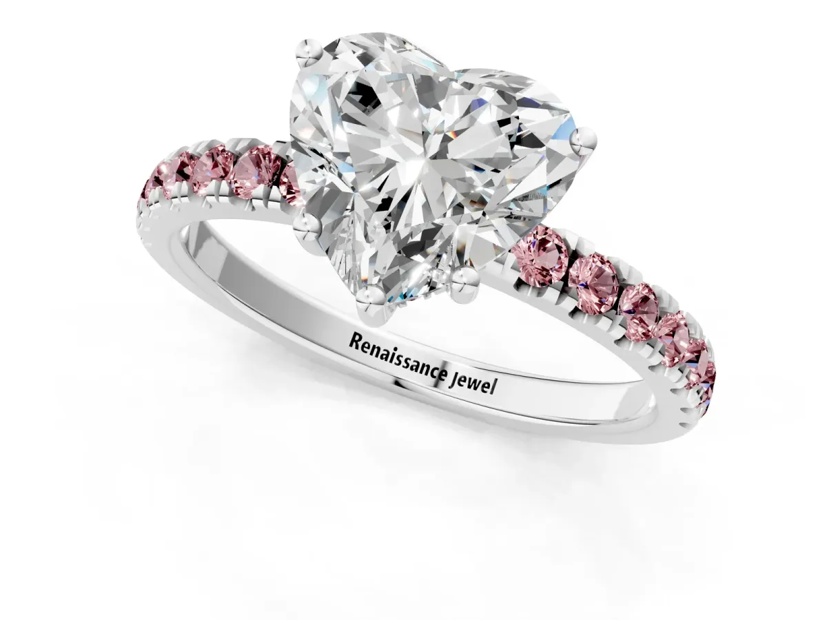 Heart Cut Diamond Pave Band Solitaire Ring with Round Morganite and Prong Setting Platinum