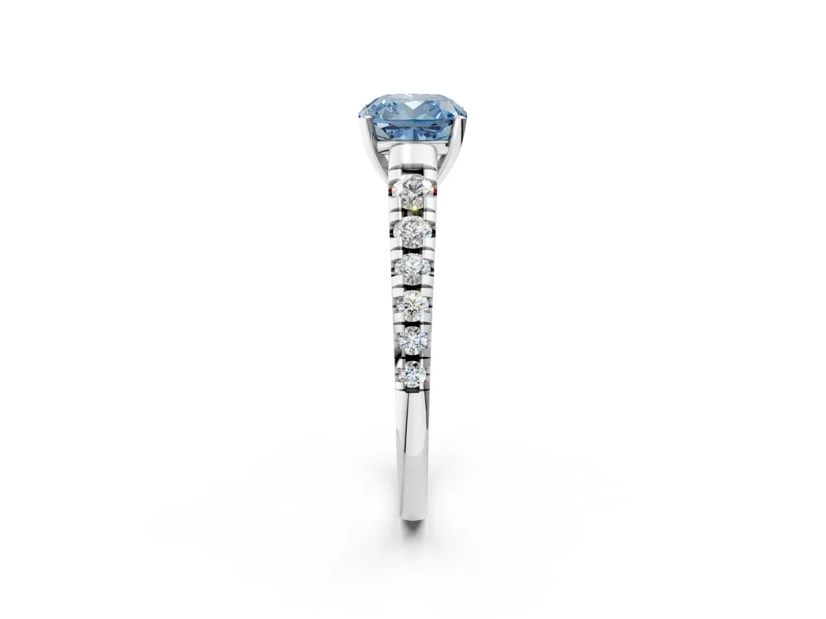Fancy Blue Cushion Cut Diamond Cathedral Solitaire Ring with Round Pavé Band Platinum