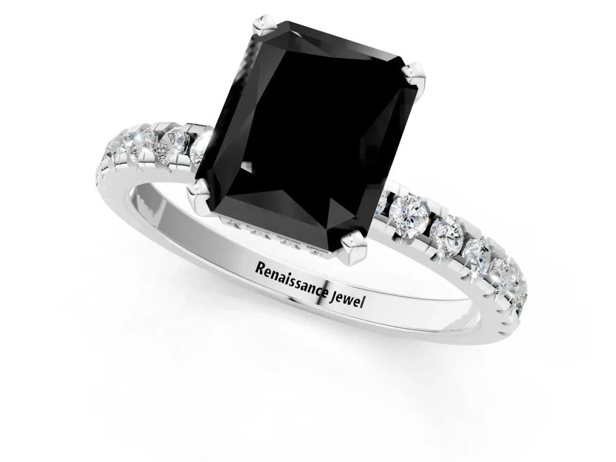 Fancy Black Radiant Cut Diamond Solitaire Ring with Round Pavé Band and Four-Prong Setting Platinum
