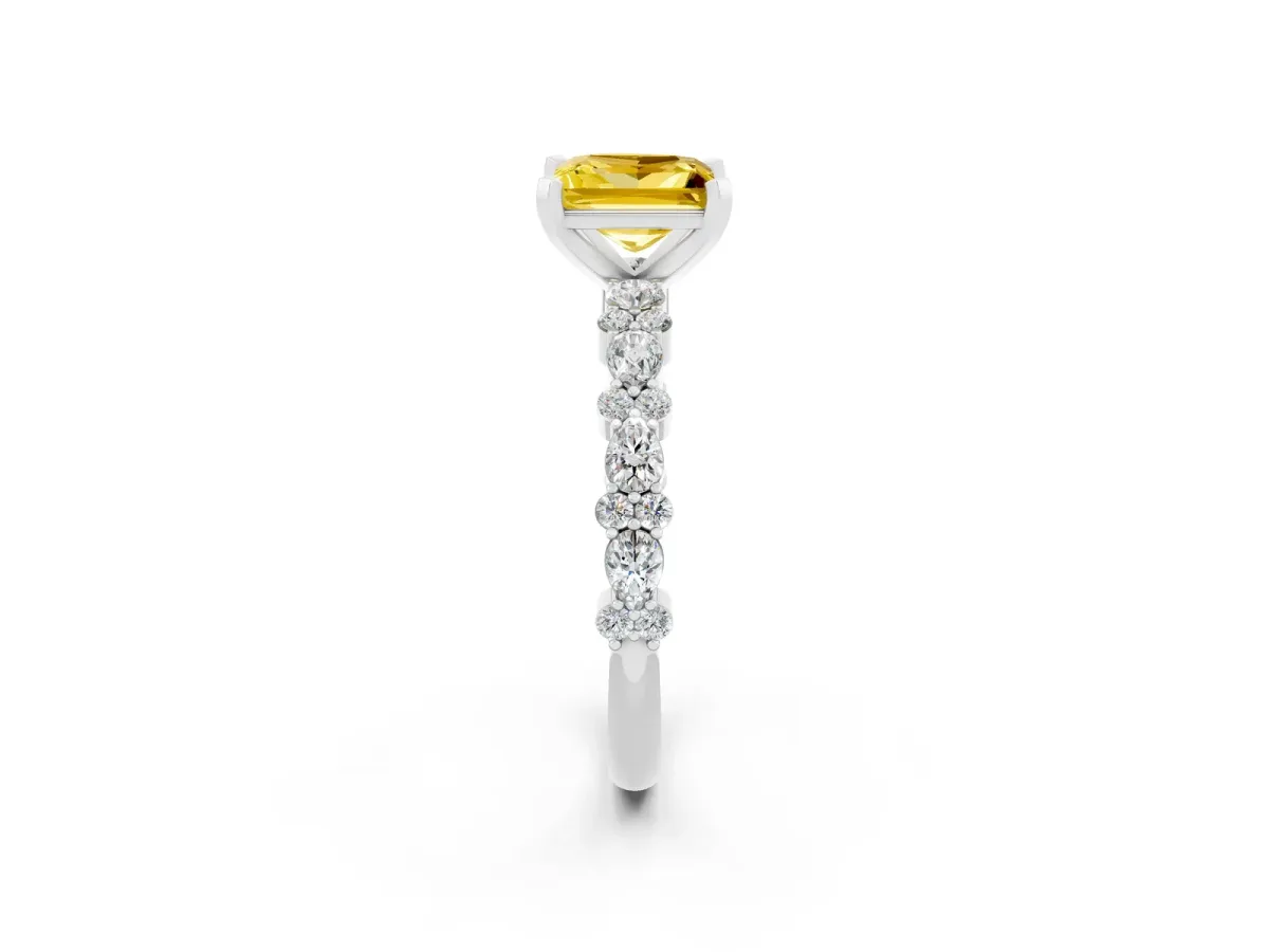 Princess Cut Yellow Sapphire Side Stone Solitaire Ring with Round and Four-Prong Setting Silver