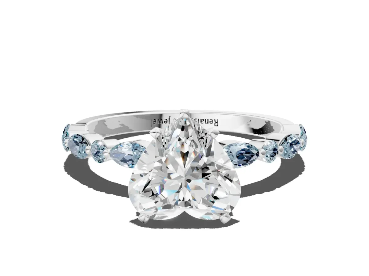 Heart Cut Diamond Ring with Marquise and Round Aquamarine Side Stones and Four-Prong Setting Silver