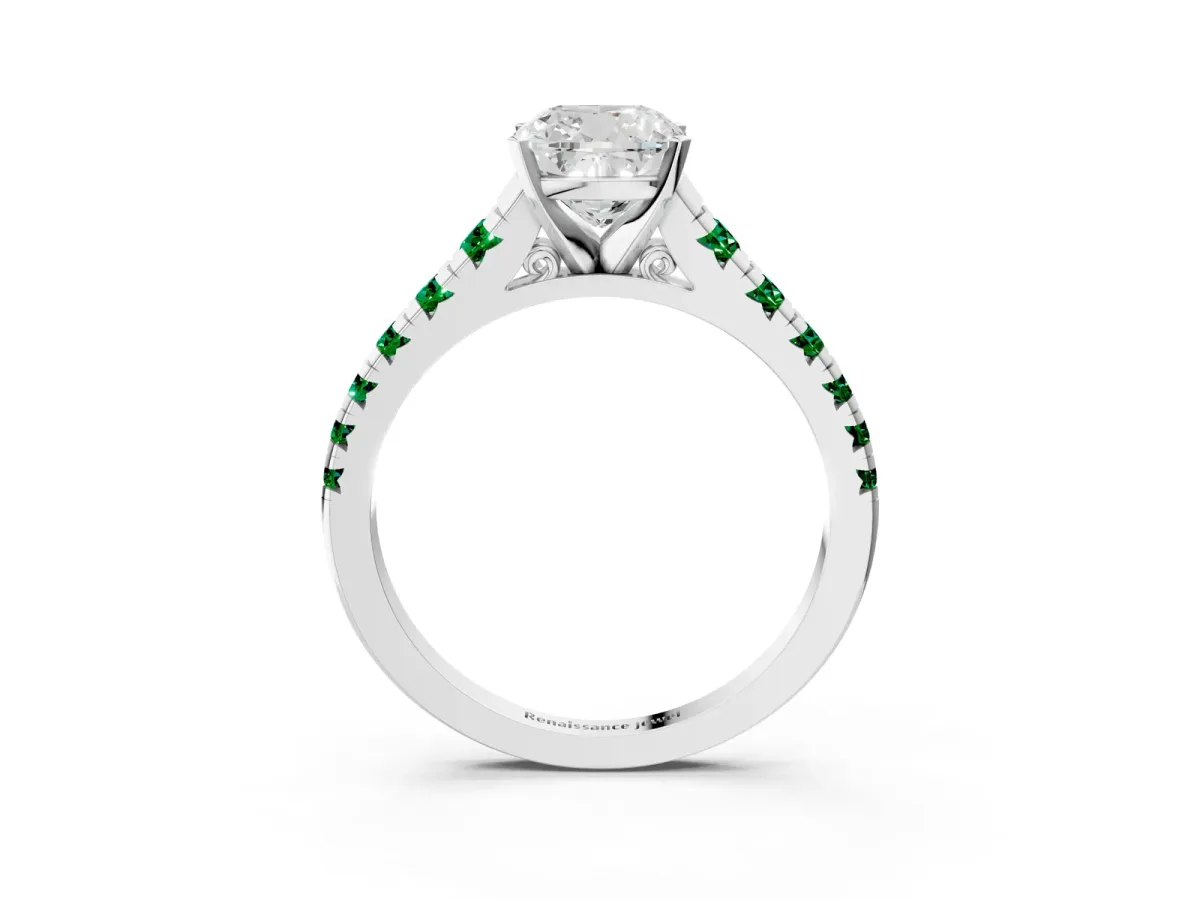 Cushion Cut Diamond Cathedral Solitaire Ring with Round Emerald Pavé Band Platinum