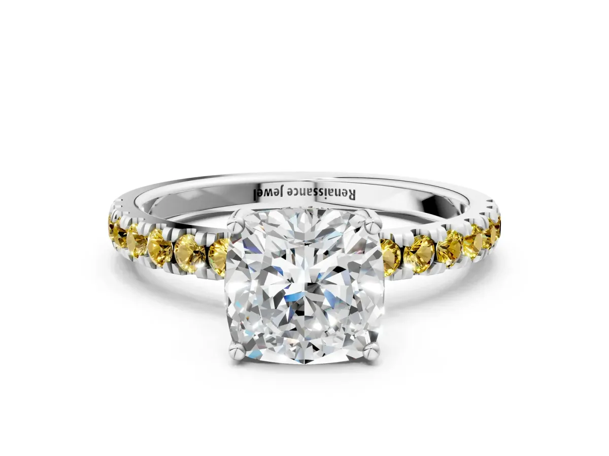Cushion Cut Diamond Pave Band Solitaire Ring with Round Yellow Sapphire and Prong Setting Silver