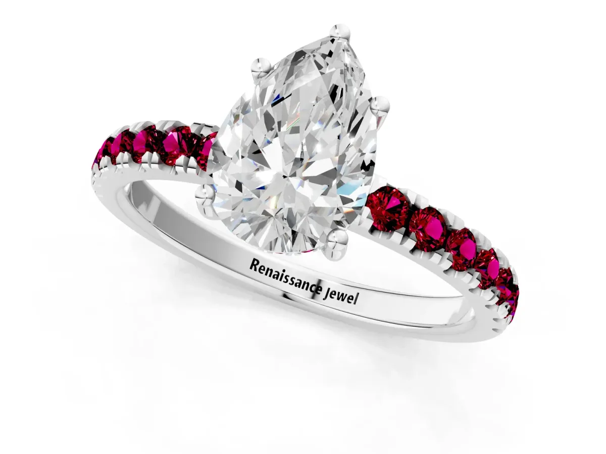 Pear Cut Diamond Pave Band Solitaire Ring with Round Garnet and Prong Setting Platinum