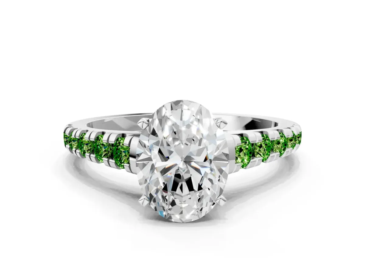 Oval Cut Diamond Cathedral Solitaire Ring with Round Peridot Pavé Band White gold