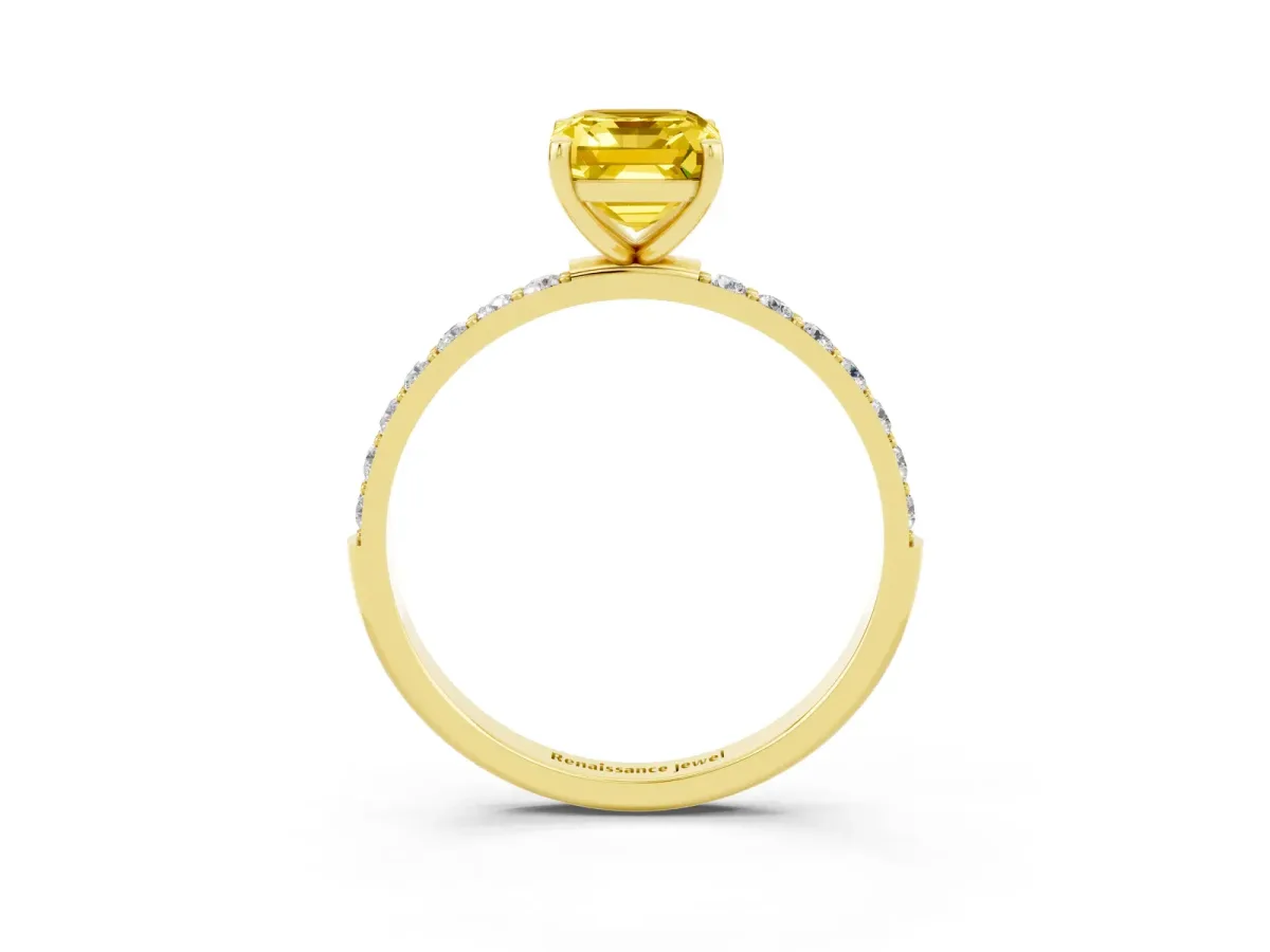 Emerald Cut Yellow Sapphire Solitaire Ring with Round Pavé Band and Prong Setting Yellow gold