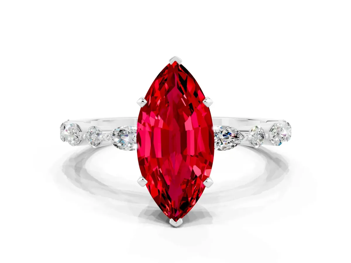 Marquise Cut Ruby Ring with Marquise and Round Side Stones and Four-Prong Setting Silver
