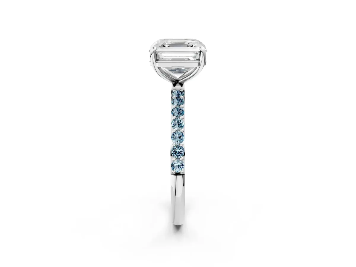 Asscher Cut Diamond Solitaire Ring with Round Aquamarine Pavé Band and Prong Setting Silver