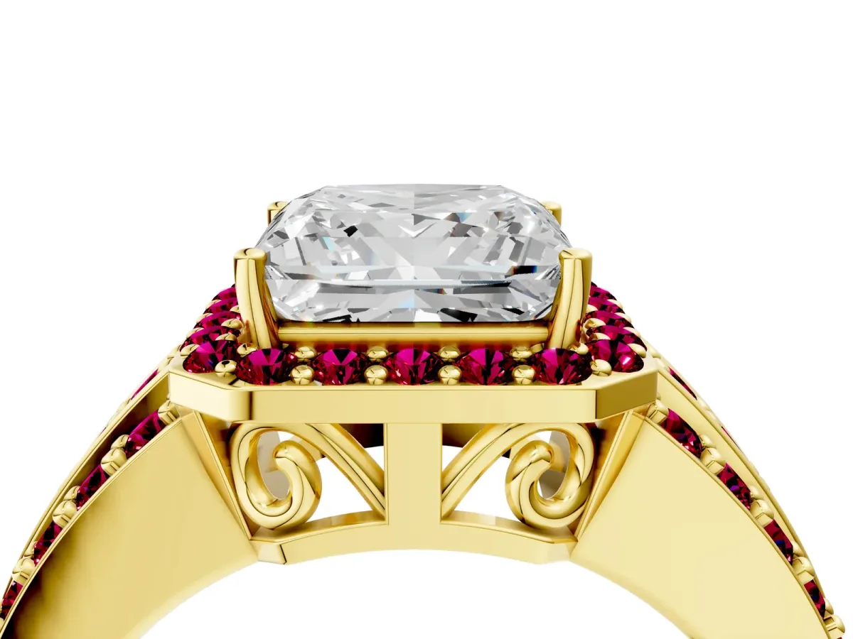 Princess Cut Halo Diamond Ring with Round Garnet Split Shank and Prong Setting Yellow gold