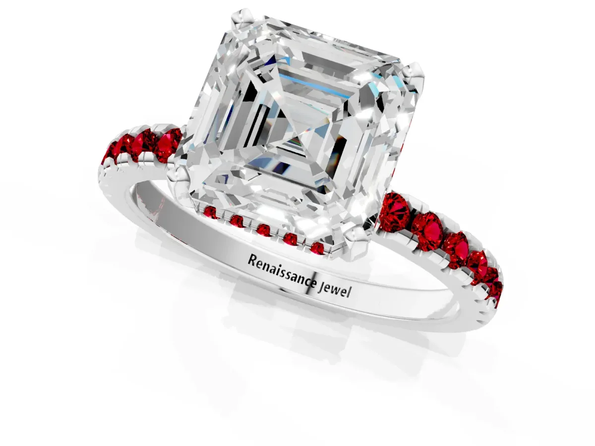 Asscher Cut Diamond Solitaire Ring with Round Ruby Pavé Band and Four-Prong Setting Silver