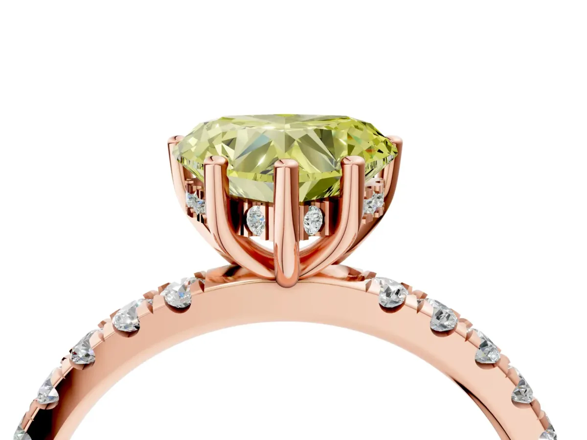 Fancy Yellow Heart Cut Diamond Pave Band Solitaire Ring with Round and Prong Setting Rose gold