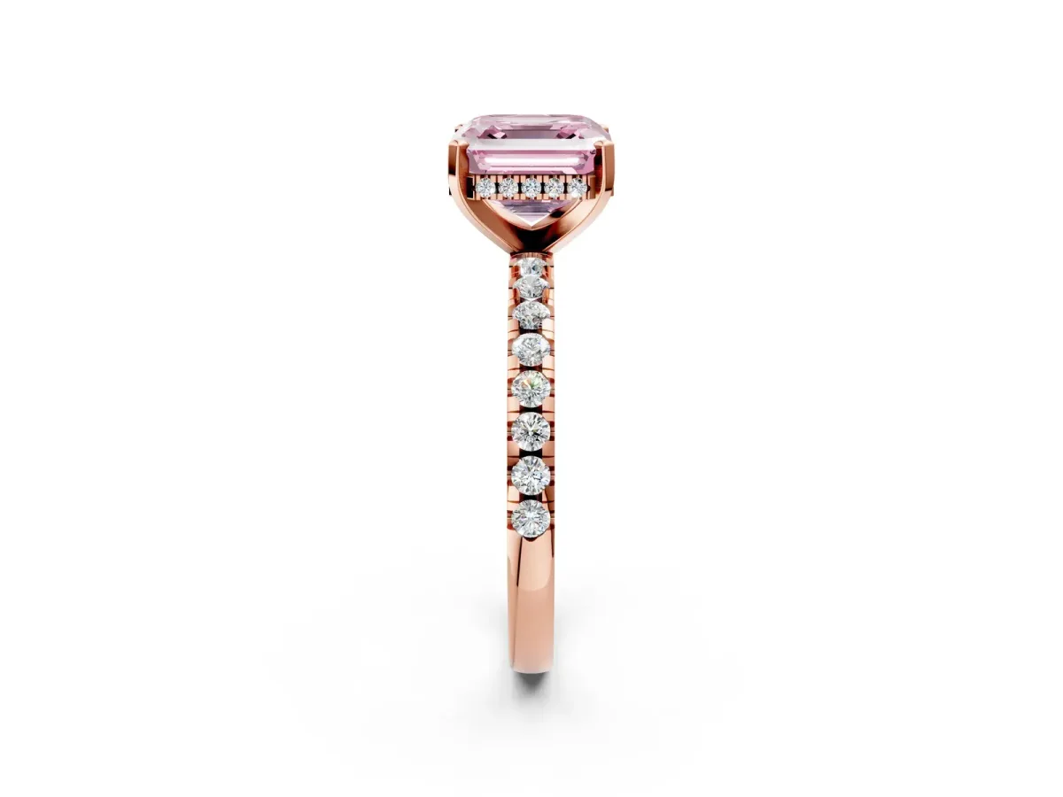 Fancy Pink Asscher Cut Diamond Solitaire Ring with Round Pavé Band and Four-Prong Setting Rose gold
