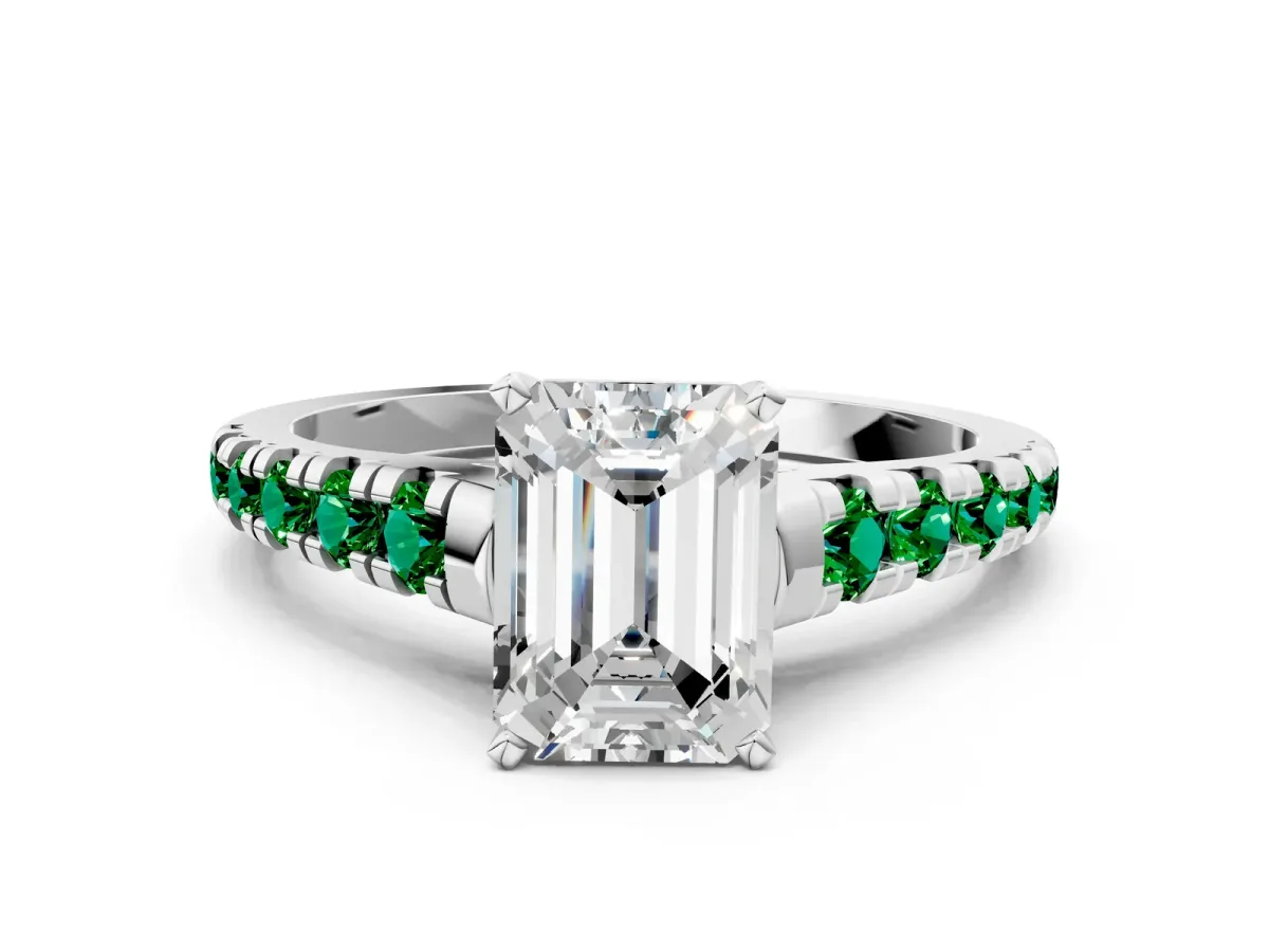 Emerald Cut Diamond Cathedral Solitaire Ring with Round Emerald Pavé Band White gold
