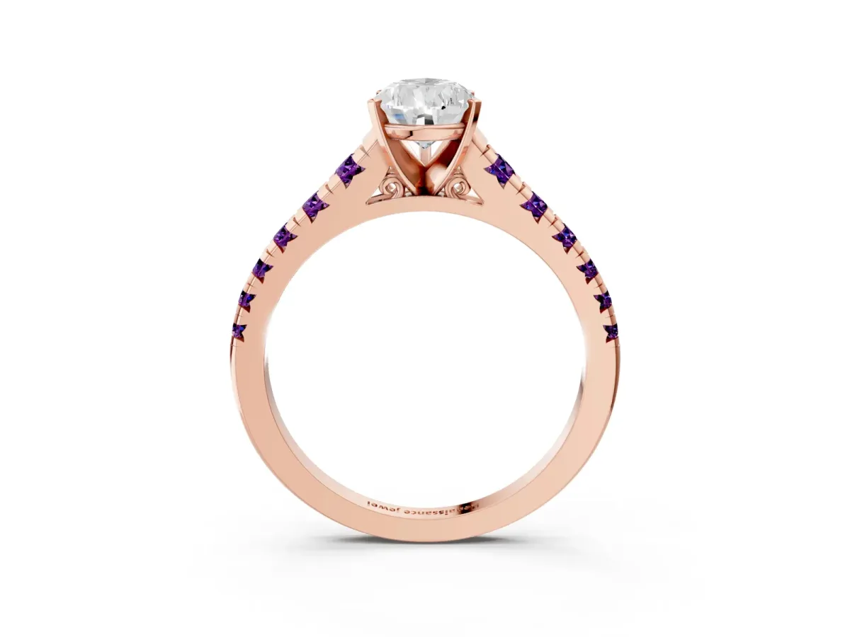 Pear Cut Diamond Cathedral Solitaire Ring with Round Amethyst Pavé Band Rose gold