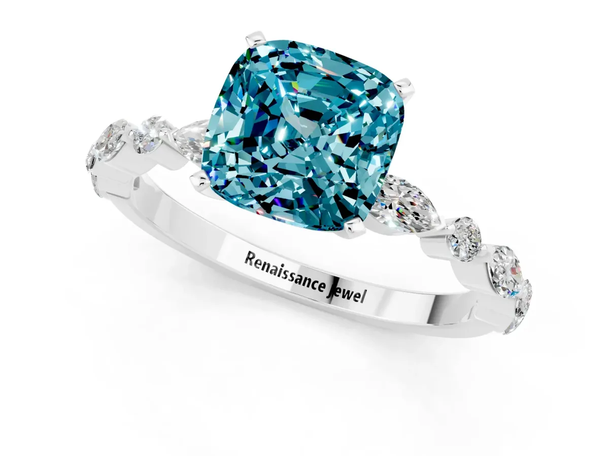 Cushion Cut Blue Topaz Ring with Marquise and Round Side Stones and Four-Prong Setting Silver