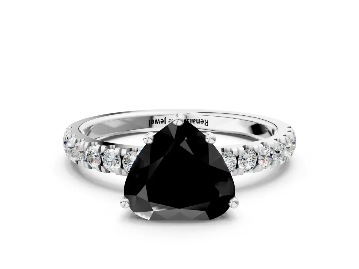 Fancy Black Heart Cut Diamond Pave Band Solitaire Ring with Round and Prong Setting Platinum