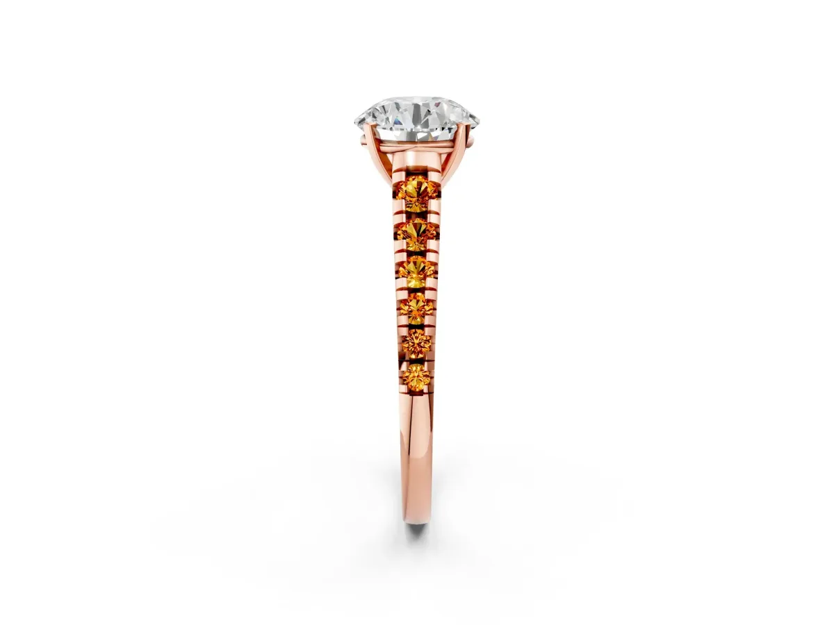 Round Cut Diamond Cathedral Solitaire Ring with Round Citrine Pavé Band Rose gold