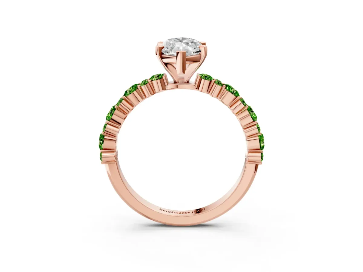 Marquise Cut Diamond Side Stone Solitaire Ring with Round Peridot and Four-Prong Setting Rose gold