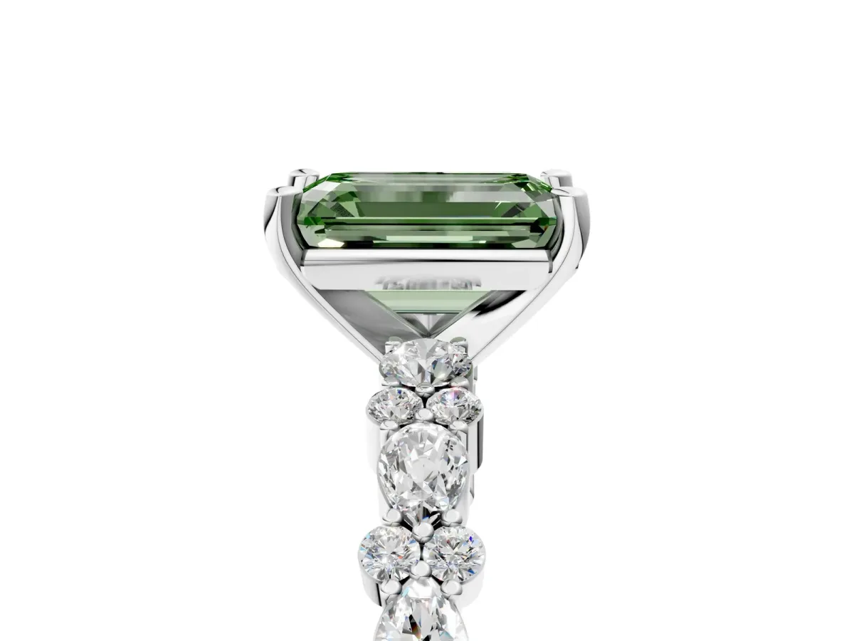 Fancy Green Emerald Cut Diamond Side Stone Solitaire Ring with Round and Four-Prong Setting Platinum