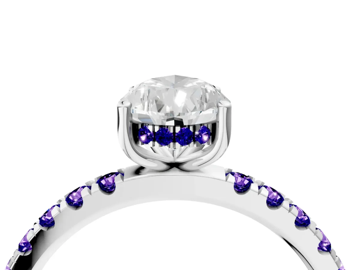 Pear Cut Diamond Pave Band Solitaire Ring with Round Tanzanite and Prong Setting Platinum