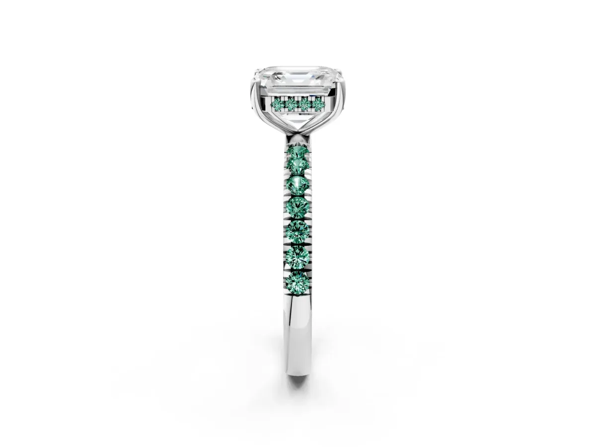 Asscher Cut Diamond Pave Band Solitaire Ring with Round Green Sapphire and Prong Setting Platinum