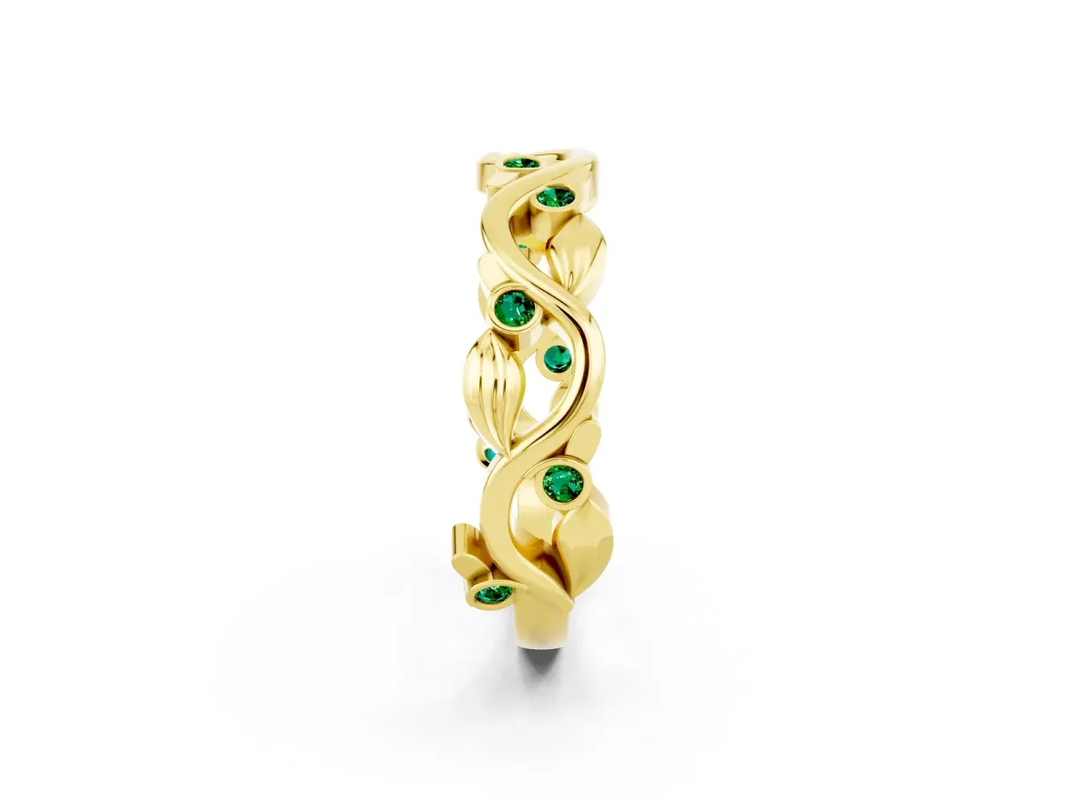 Round Emerald Leaf Eternity Band with Bezel Setting Yellow gold