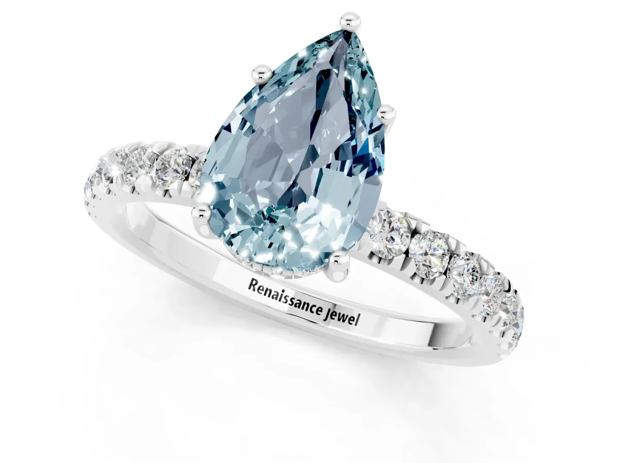 Pear Cut Aquamarine Pave Band Solitaire Ring with Round and Prong Setting White gold