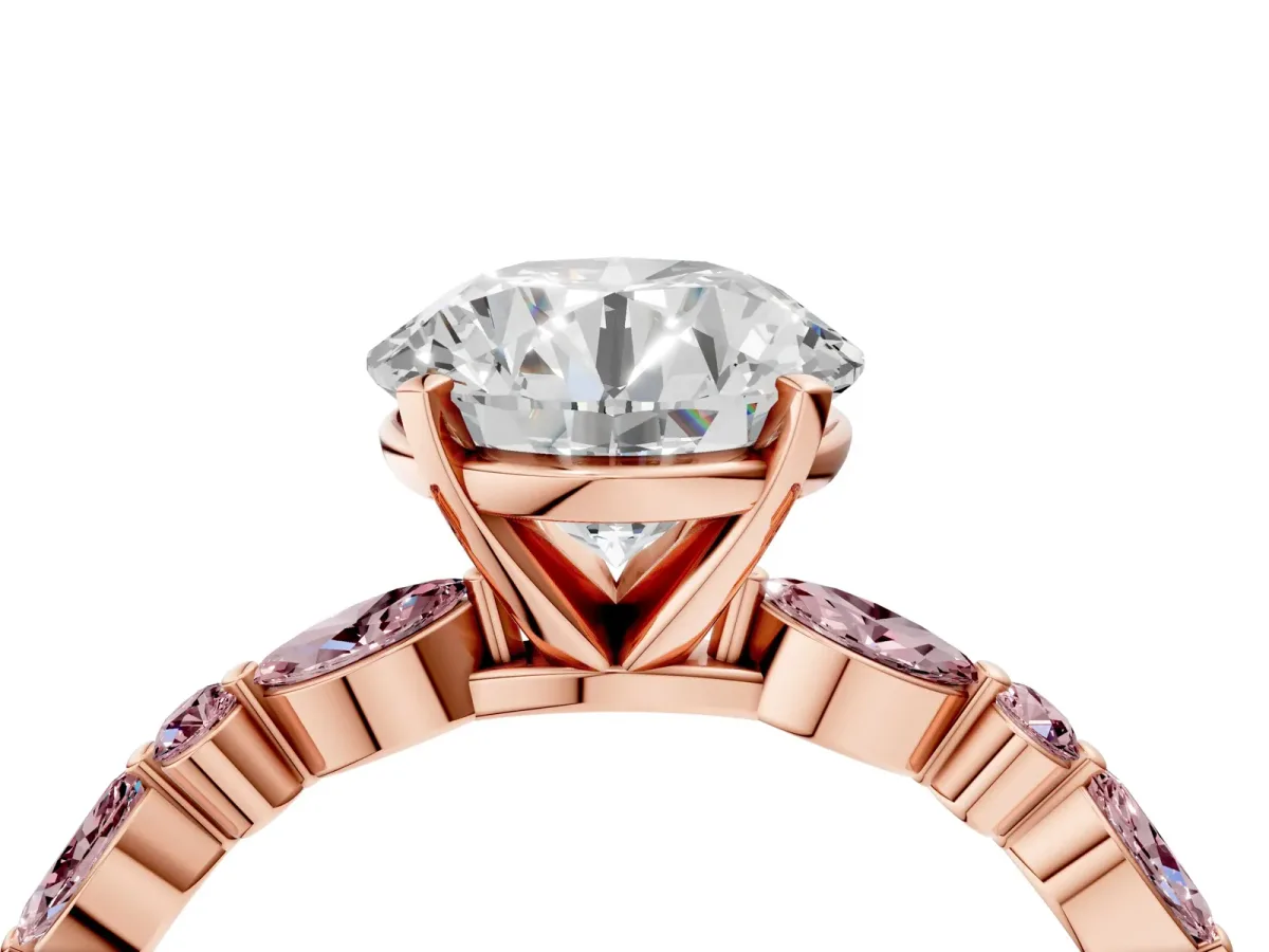 Round Cut Diamond Ring with Marquise and Round Morganite Side Stones and Four-Prong Setting Rose gold