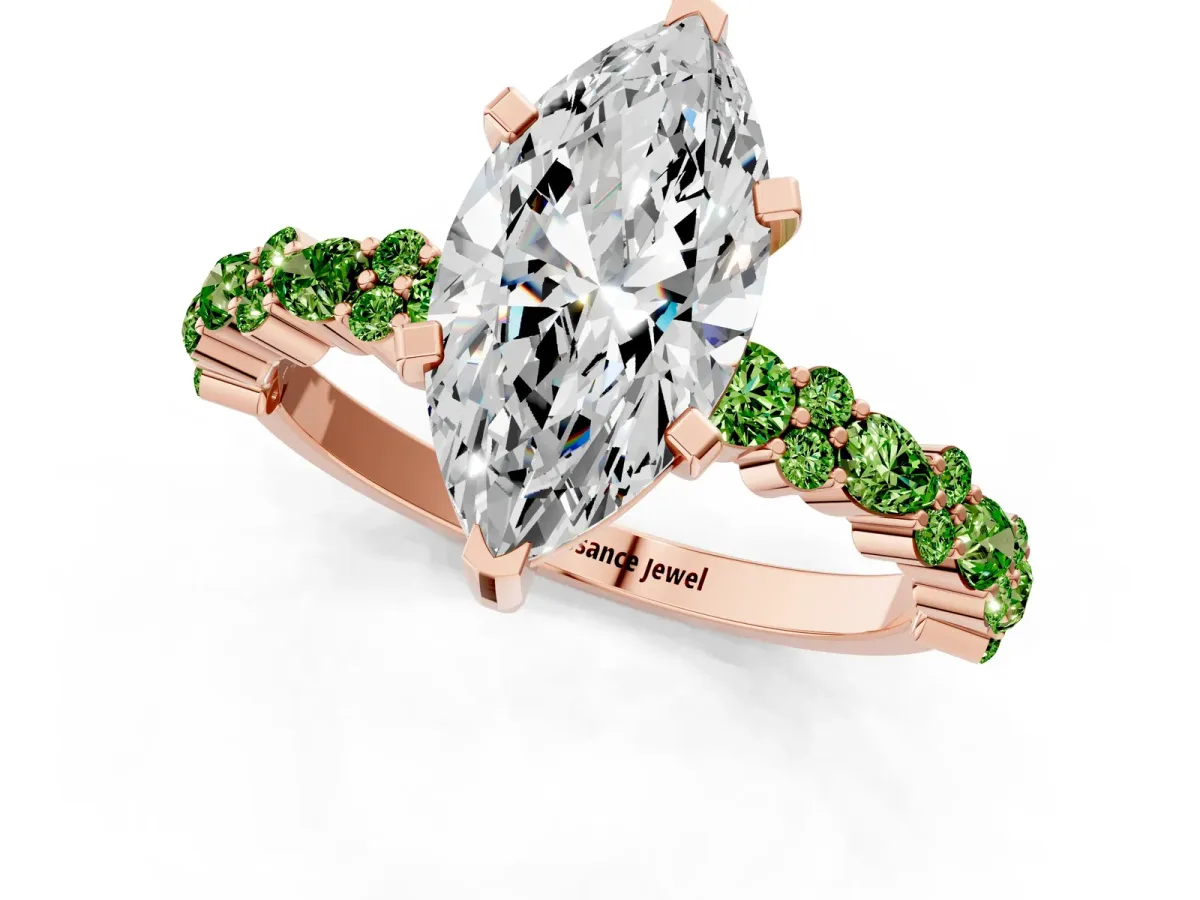 Marquise Cut Diamond Side Stone Solitaire Ring with Round Peridot and Four-Prong Setting Rose gold