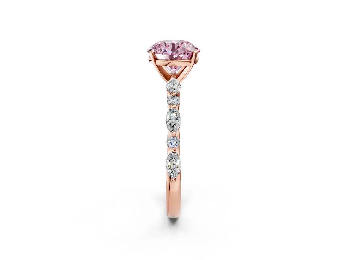 Fancy Pink Round Cut Diamond Ring with Marquise and Round Side Stones and Four-Prong Setting Rose gold