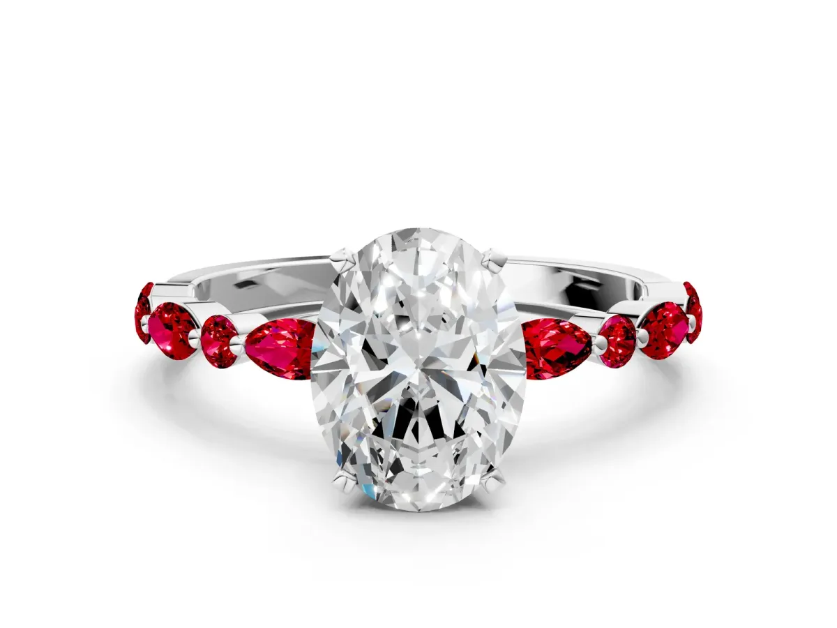 Oval Cut Diamond Ring with Marquise and Round Ruby Side Stones and Four-Prong Setting Silver