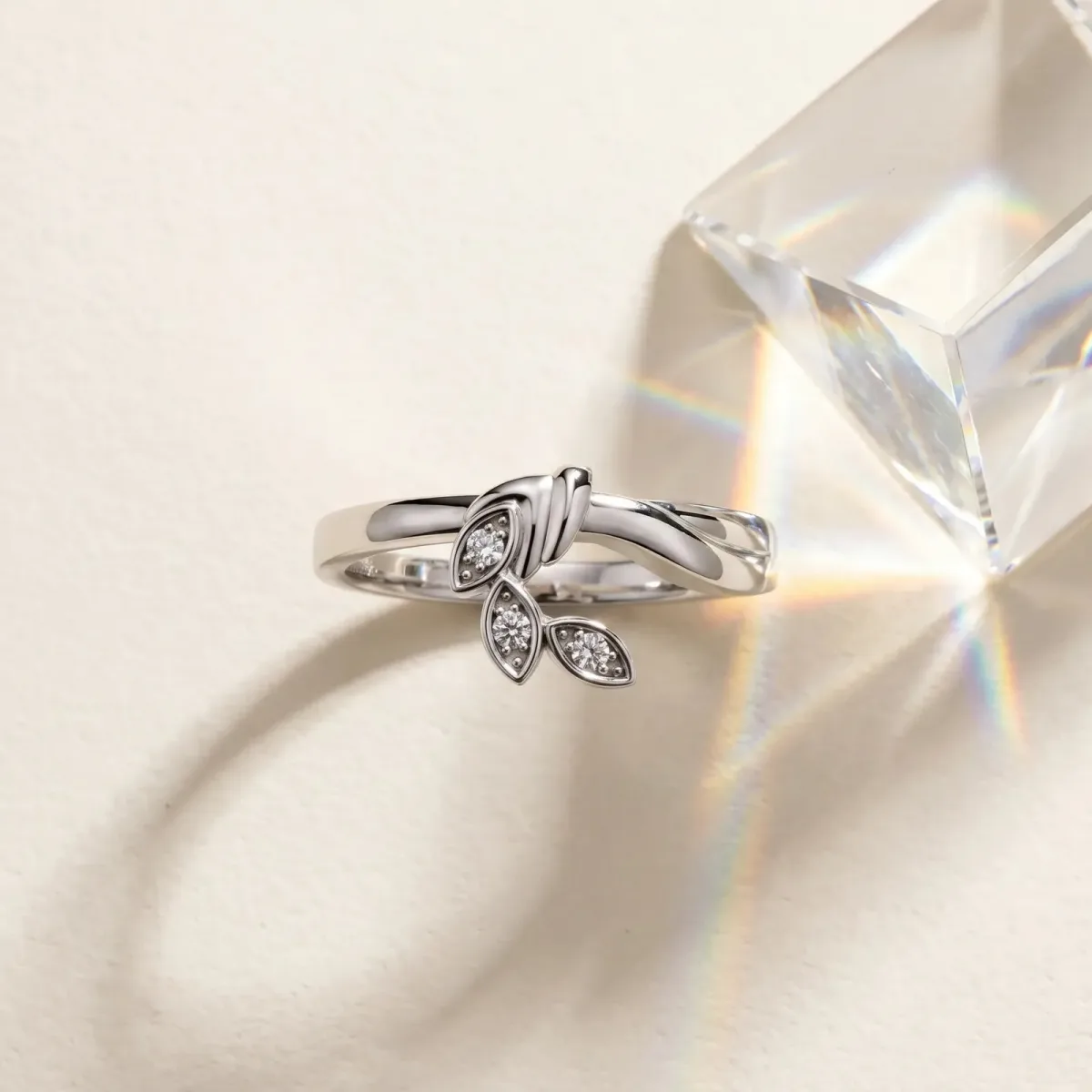 Three-Stone Round Diamond Leaf Bypass Ring with Bezel Setting White gold