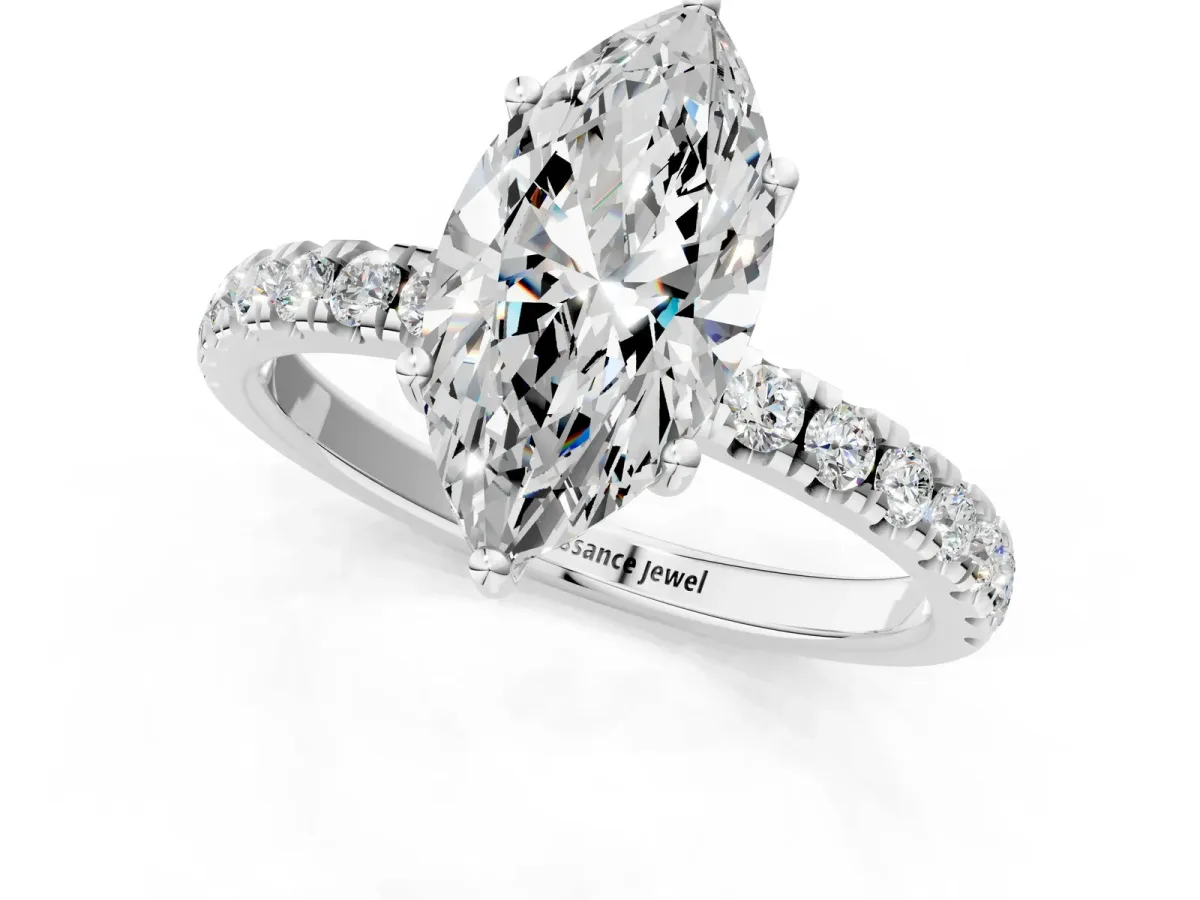 Marquise Cut Diamond Pave Band Solitaire Ring with Round Moissanite and Prong Setting Silver