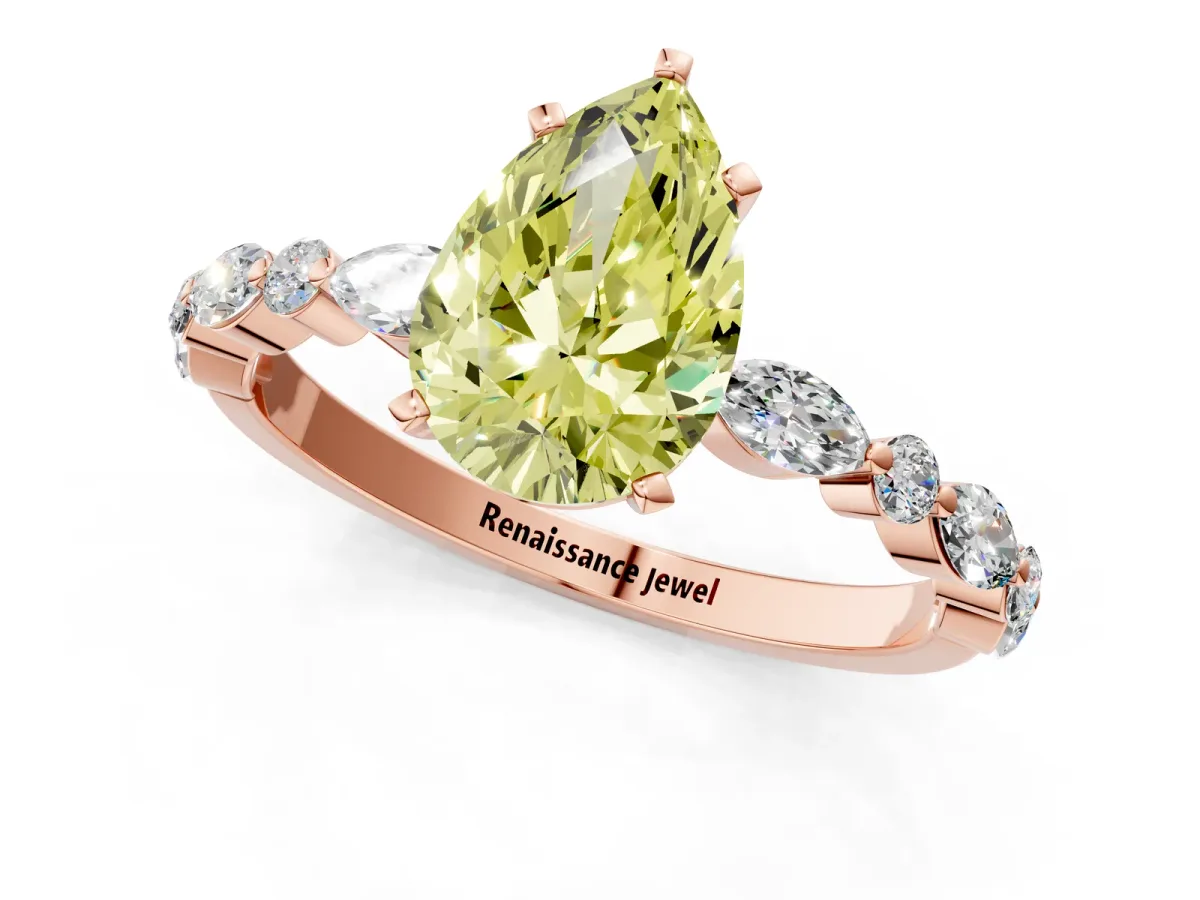 Fancy Yellow Pear Cut Diamond Ring with Marquise and Round Side Stones and Four-Prong Setting Rose gold