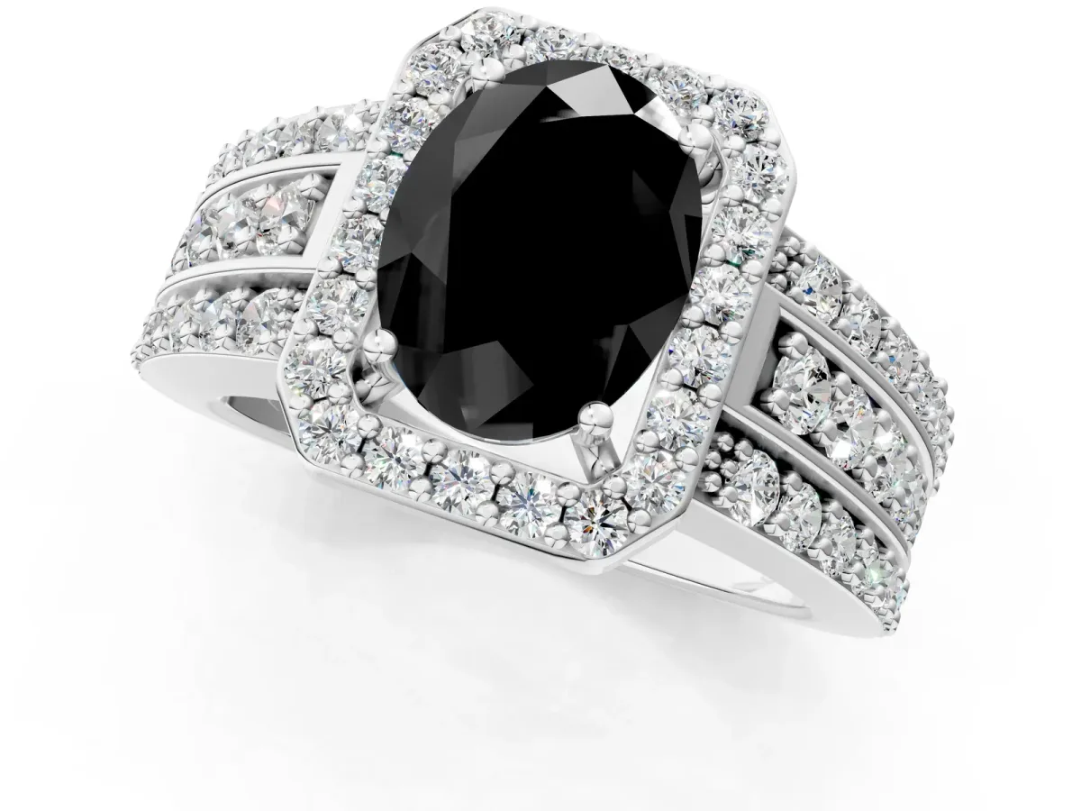 Fancy Black Oval Cut Halo Diamond Ring with Round Split Shank and Prong Setting Silver