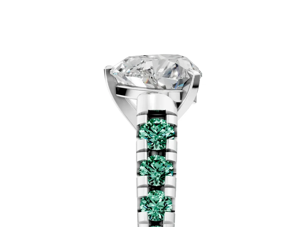 Heart Cut Diamond Cathedral Solitaire Ring with Round Green Sapphire Pavé Band Silver