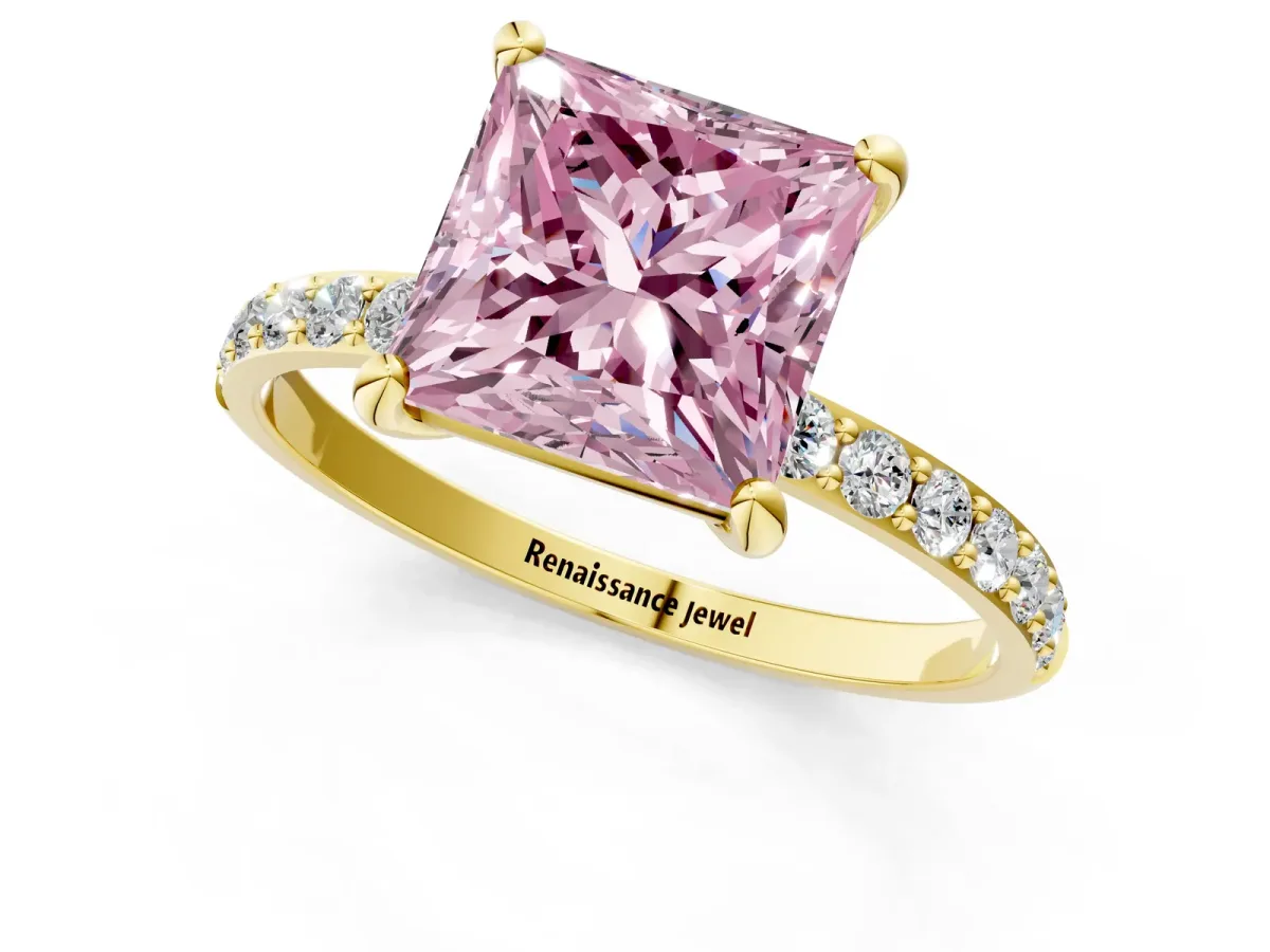 Fancy Pink Princess Cut Diamond Solitaire Ring with Round Pavé Band and Prong Setting Yellow gold