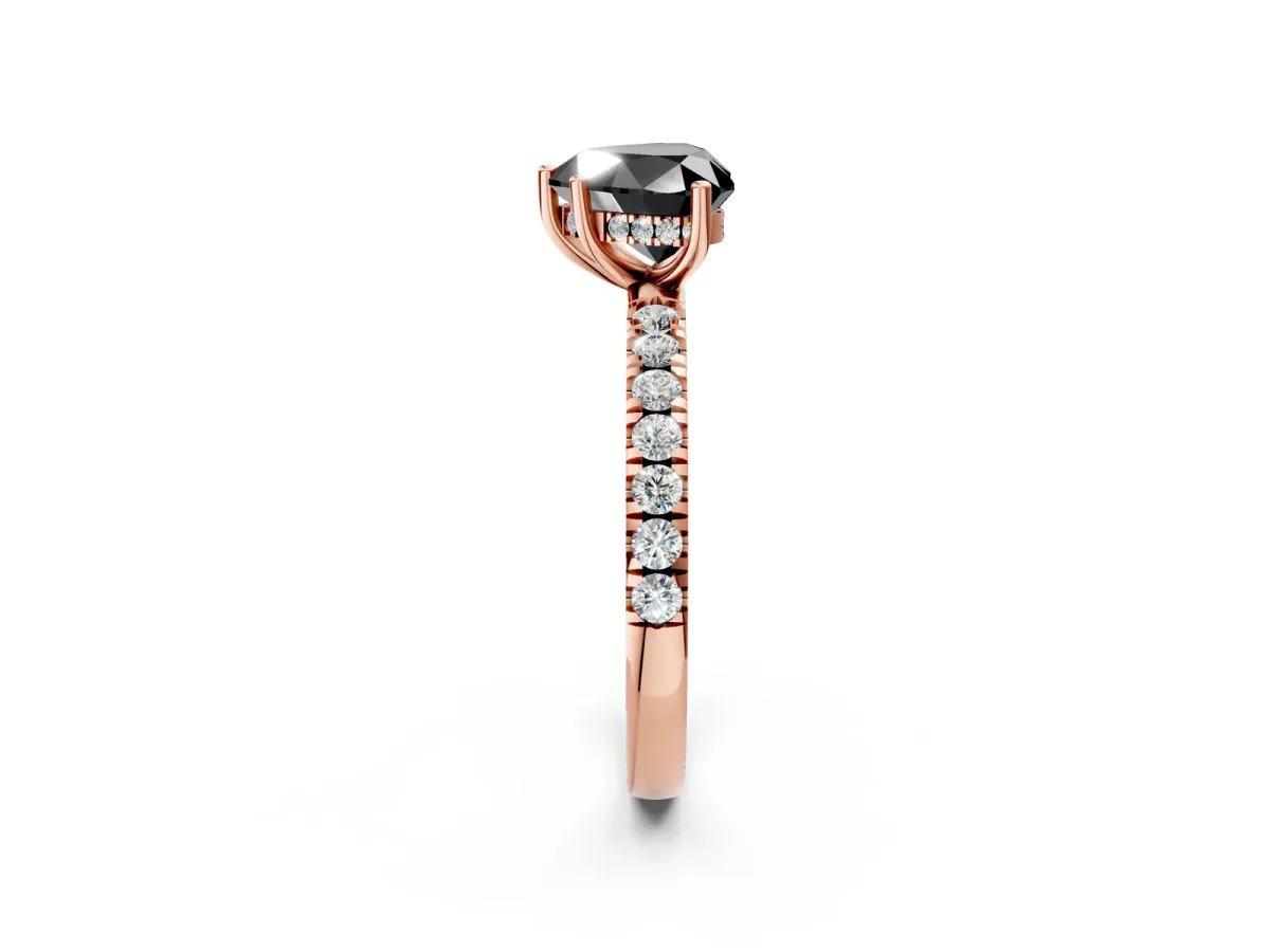 Fancy Black Heart Cut Diamond Pave Band Solitaire Ring with Round and Prong Setting Rose gold