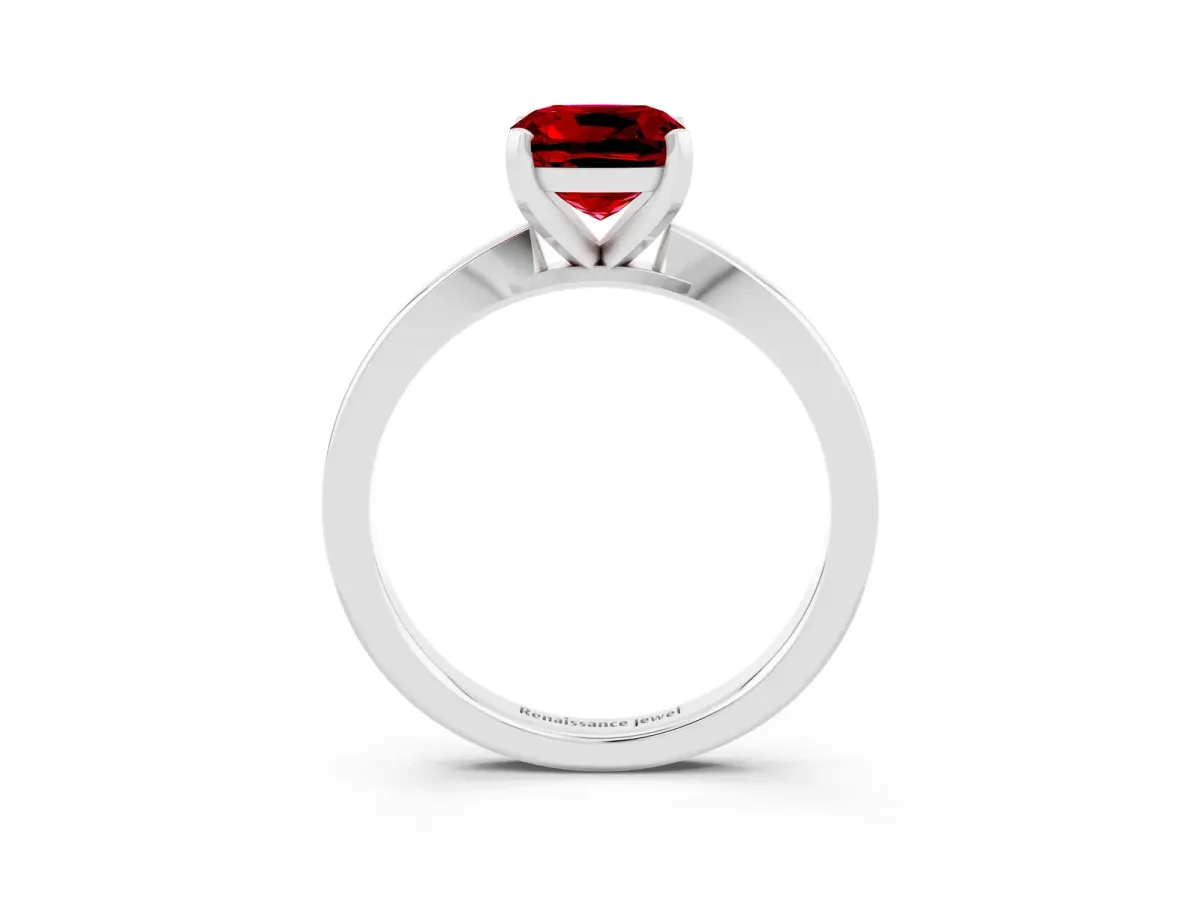 Cushion Cut Ruby Solitaire Engagement Ring with Classic Band and Four-Prong Setting Silver