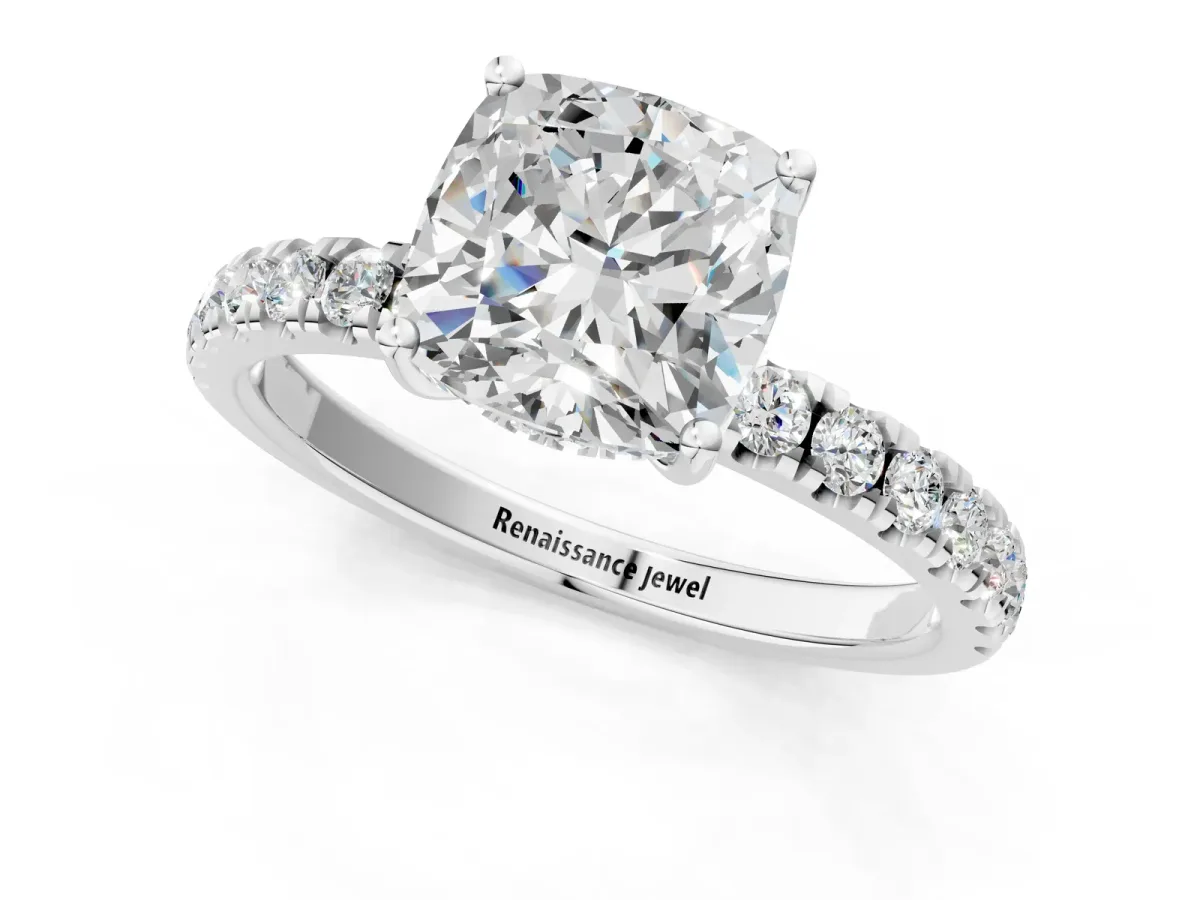 Cushion Cut Diamond Pave Band Solitaire Ring with Round Moissanite and Prong Setting Platinum