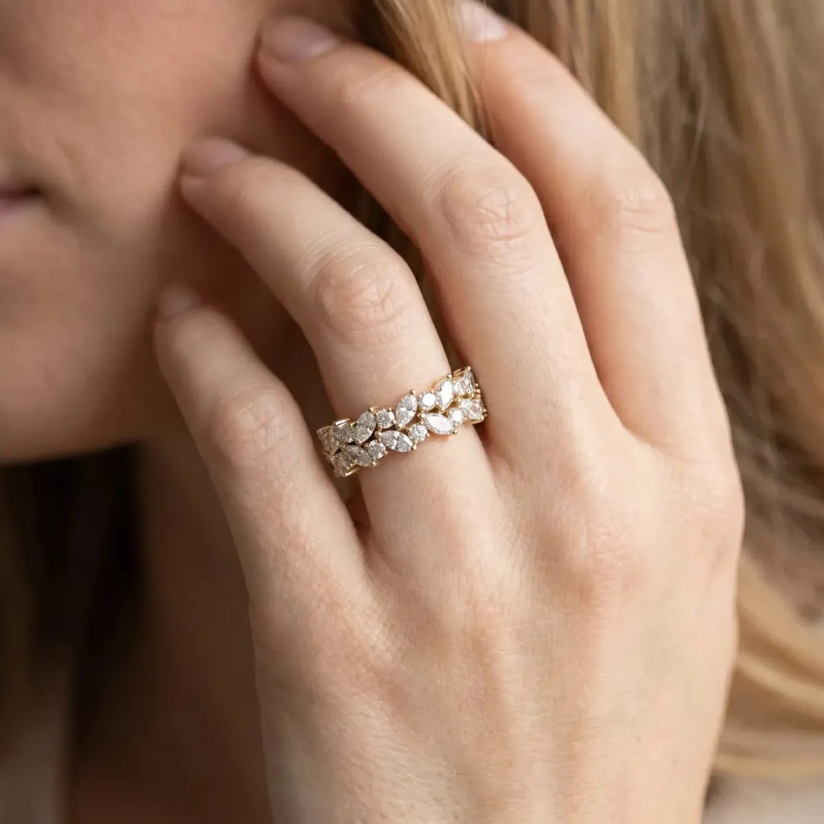 Pave Marquise and Round Diamond Eternity Band with Prong Setting Yellow gold