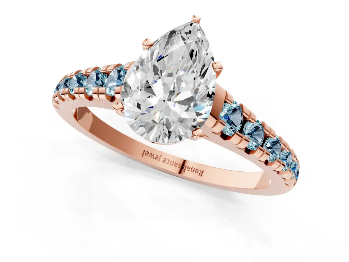 Pear Cut Diamond Cathedral Solitaire Ring with Round Aquamarine Pavé Band Rose gold