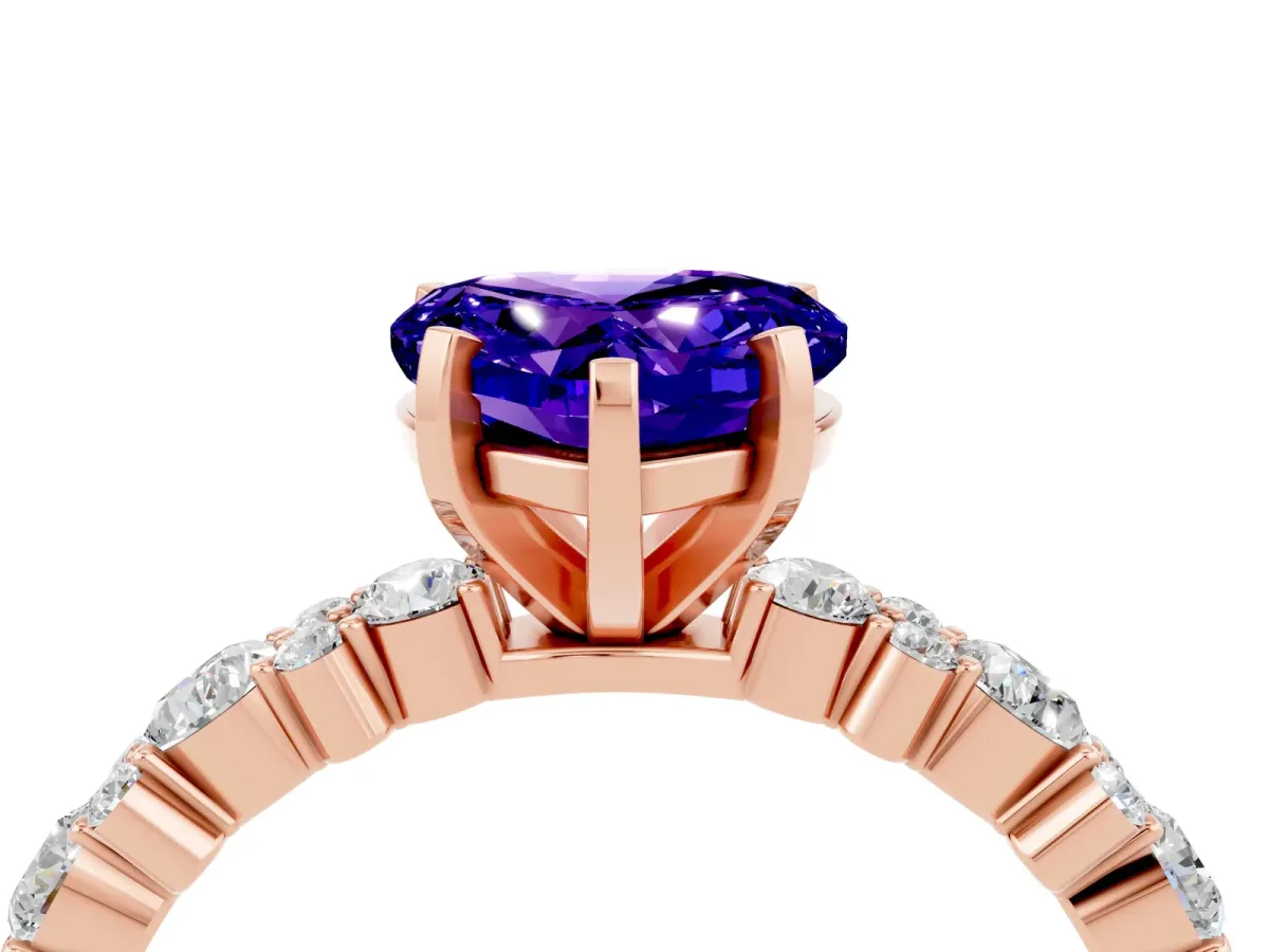 Heart Cut Tanzanite Side Stone Solitaire Ring with Round and Four-Prong Setting Rose gold