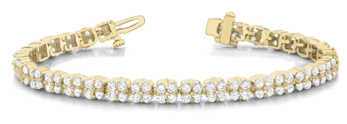 Round Diamond Cluster Tennis Bracelet with Box Clasp and Four-Prong Setting Yellow gold