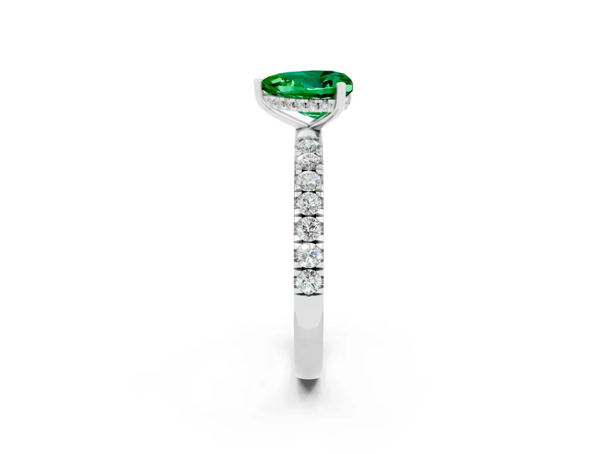 Heart Cut Emerald Pave Band Solitaire Ring with Round and Prong Setting Platinum